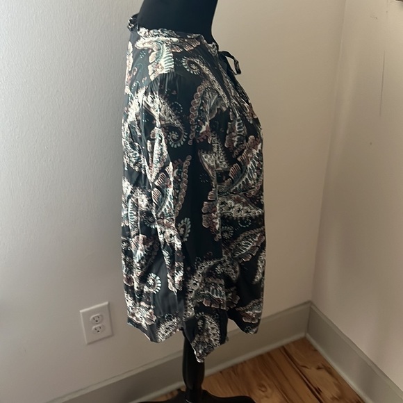LOFT long sleeve olive green paisleys print tie front buttoned down top blouse M - Picture 5 of 9